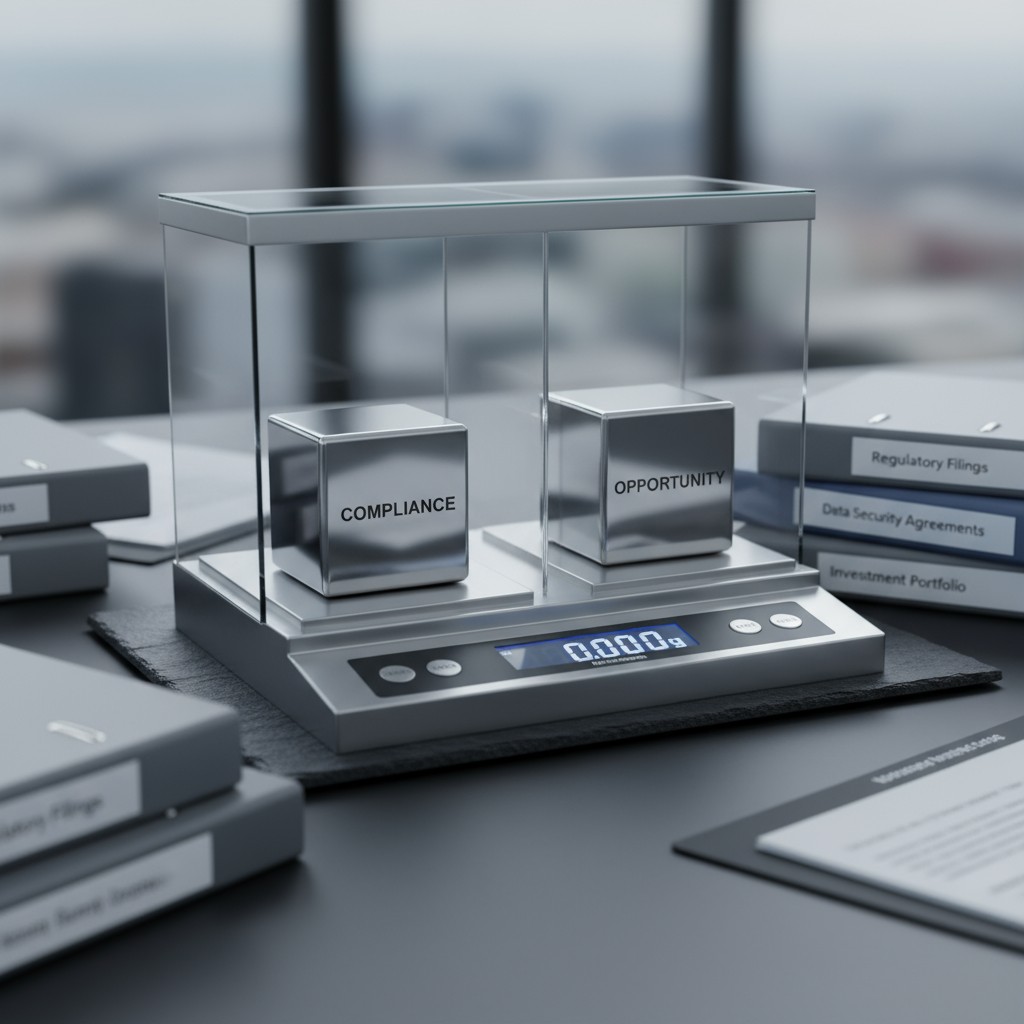 A silver cube with the words "COMPLIANCE" on the left and "OPPORTUNITY" on the right, balanced on a scale.