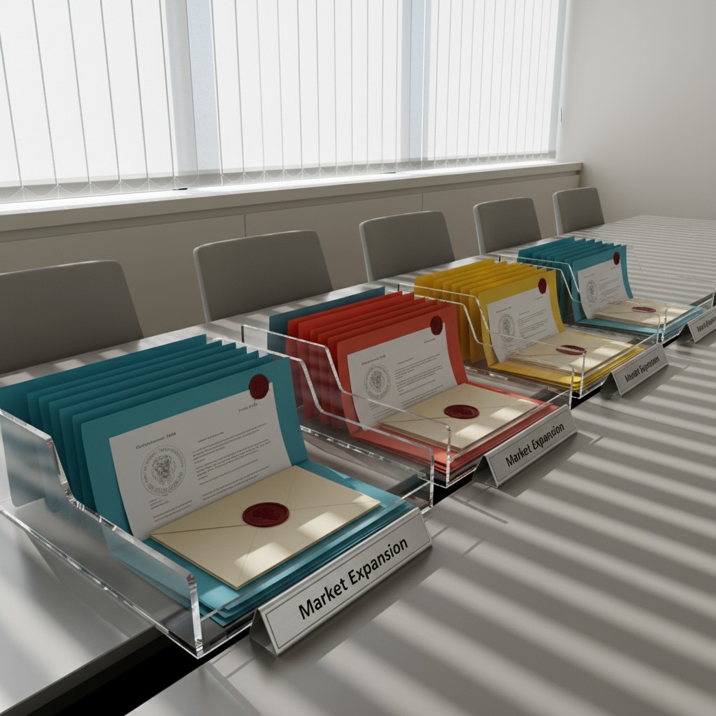 Depiction of a clean conference room, including tables, chairs, and a file organizer filled with documents and folders.